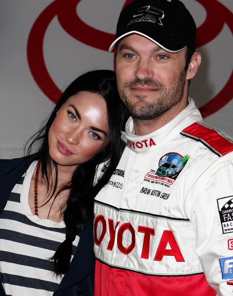 LONG BEACH, CA - APRIL 17: Actors Brian Austin Green (R) and Megan Fox (L) attend the Toyota Grand Prix Pro / Celebrity Race Day on April 17, 2010 in Long Beach, California. (Photo by Chelsea Lauren/WireImage)